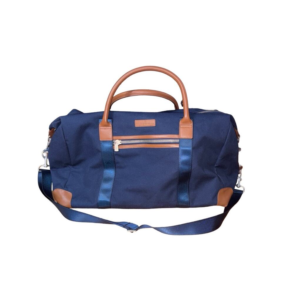 Brooks Brothers Navy Blue Canvas Brown Leather Trim Weekender Duffle Bag